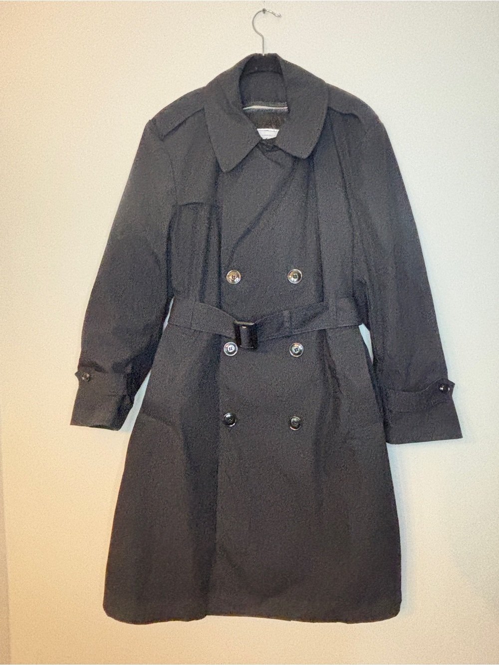 AMERICAN APPAREL Classic Men's Black Trench Coat - Belted Double-Breasted - Picture 13 of 16